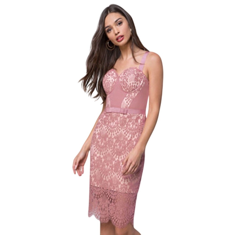 BEBE Clarissa Seashell Lace Midi‎ Bustier Cocktail Dress Dusty Pink 2